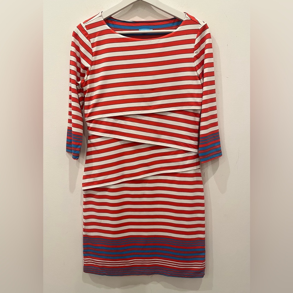 J.McLaughlin Nicola Bangle Strope Layered Tiered Dress Red White Blue sz S Artsy